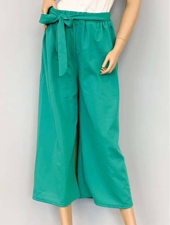 Solid Color Wide-Leg Cropped  Pants W/ Tie Belt